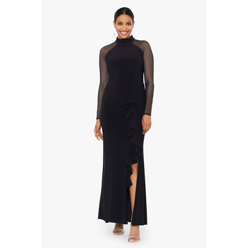 Betsy & Adam Illusion Mesh Long Sleeve Scuba Crepe Mermaid Gown “Natalie” Sz 12